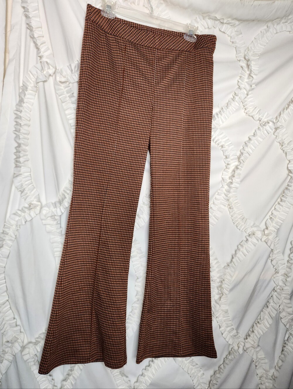 New Hem & Thread Check Print Flare Pants Brown Size Large